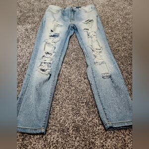 KanCan Women's Light Blue Distressed Straight Leg Jeans